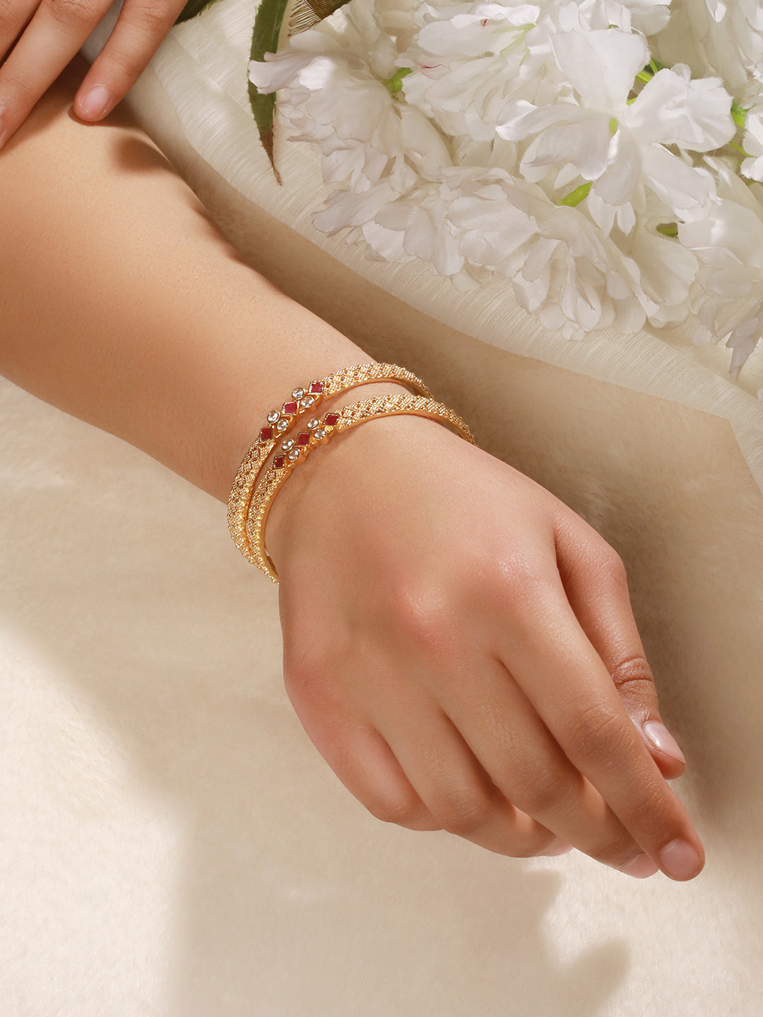 Set Of 2 18K Gold-Plated Artificial Stones Studded Bangles