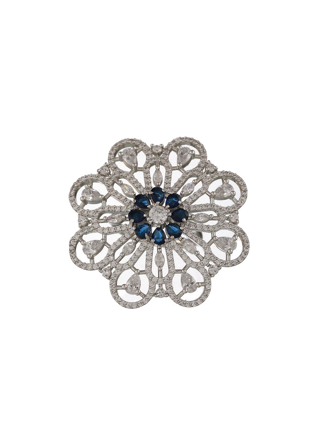 Silver-Plated Blue & White AD Studded Adjustable Cocktail Finger Ring - Jazzandsizzle