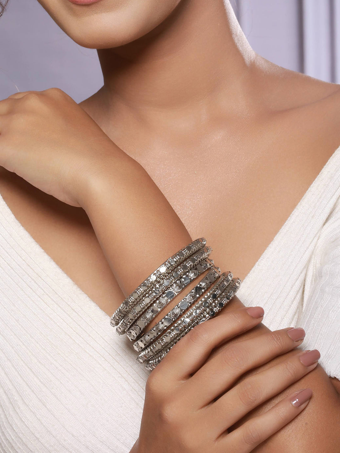Set of 6 Oxidised Silver-Plated Textured Bangles Set - Jazzandsizzle