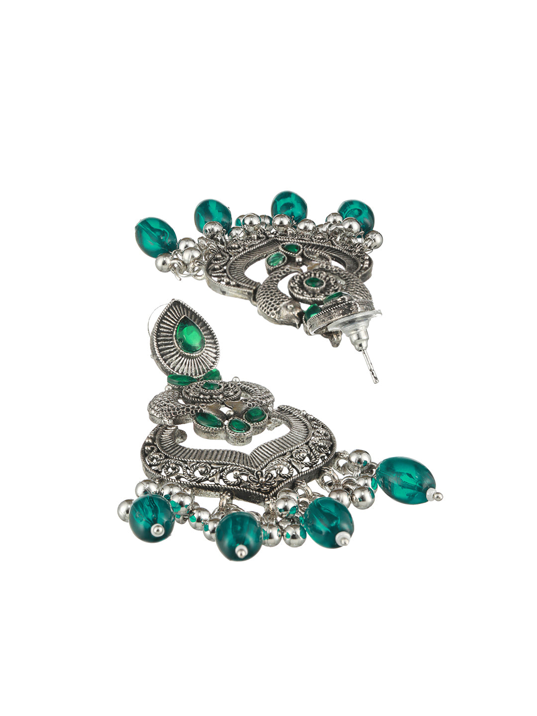 Green Silver-Plated Kundan Studded Fish Shaped Chandbalis - Jazzandsizzle