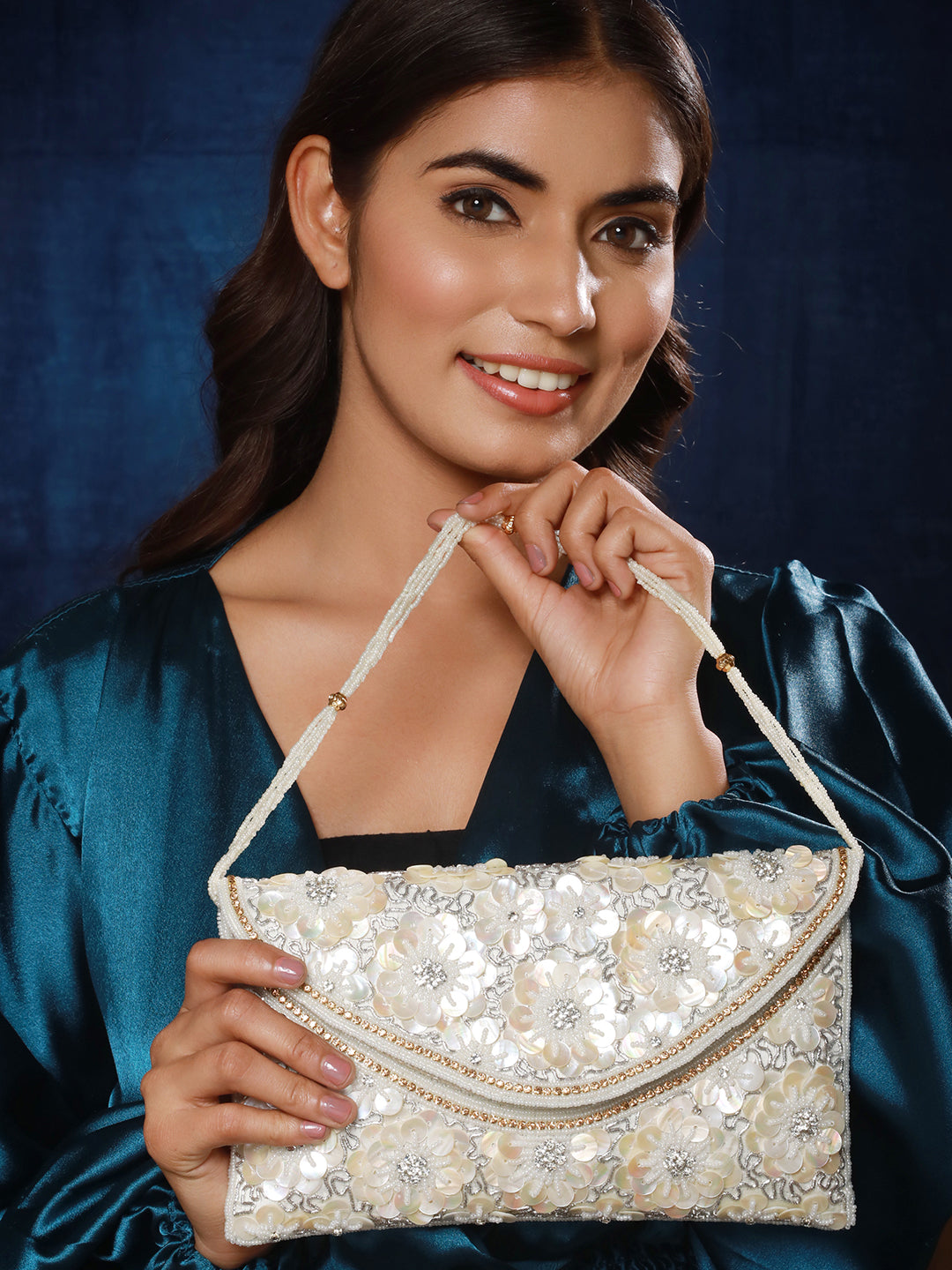 Jazz And Sizzle off White Sequin Work Beaded Clutch Bag