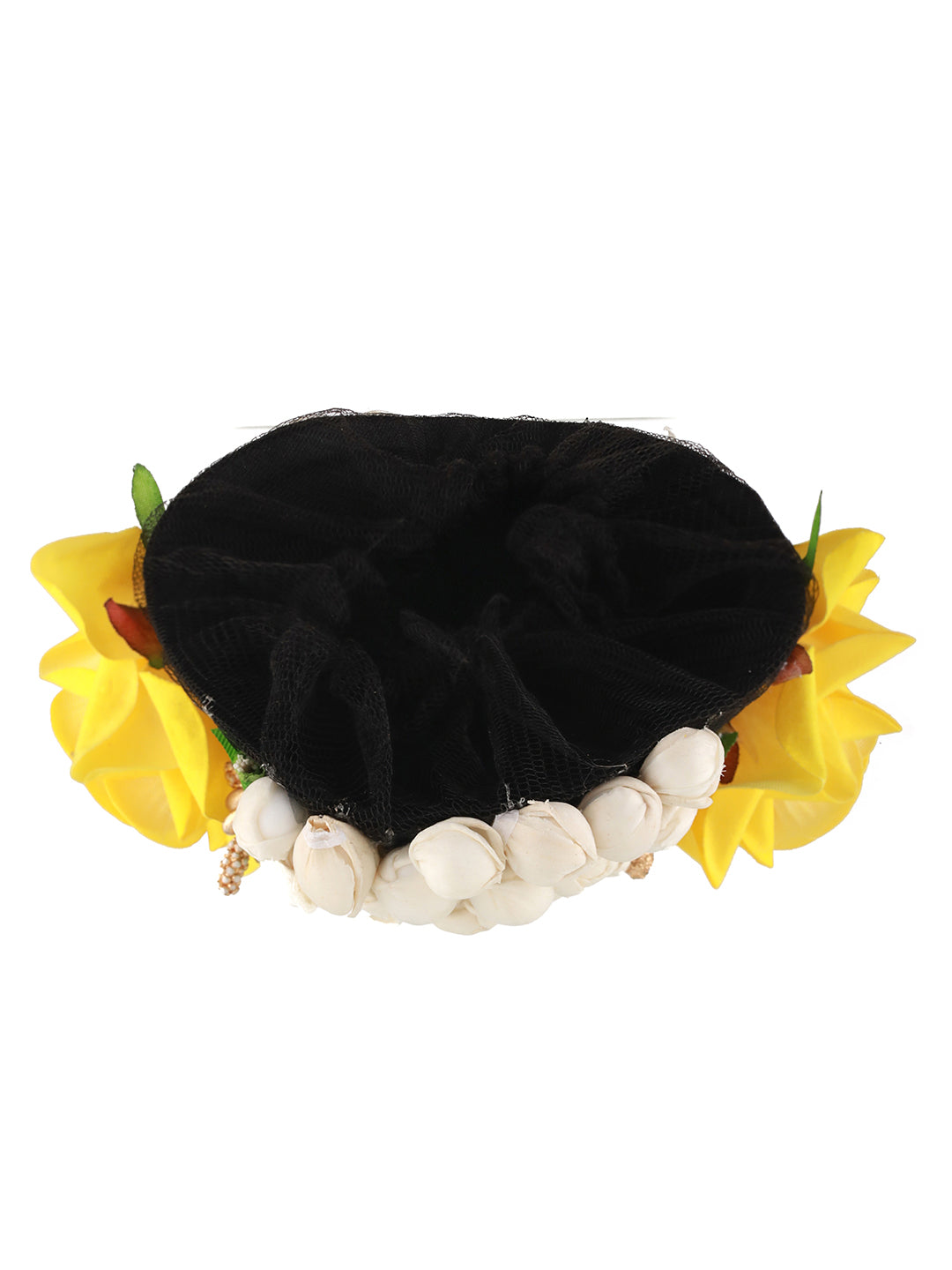 Women Yellow Rose & White Mogra Embellished Artificial Flower Gajra Designed Hair Bun Cover - Jazzandsizzle