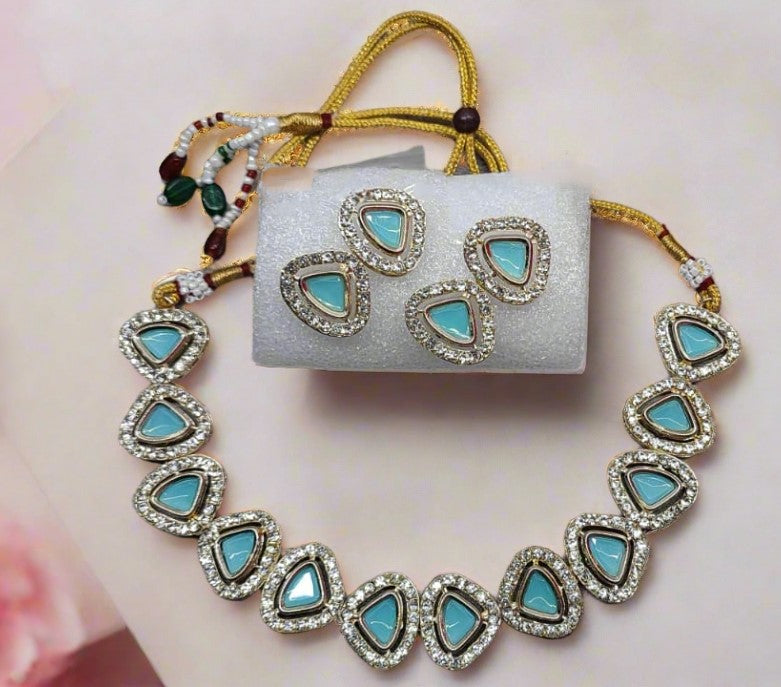 Jazz And Sizzle Gold-Plated Turquoise Blue Polki-Studded Jewelry Set