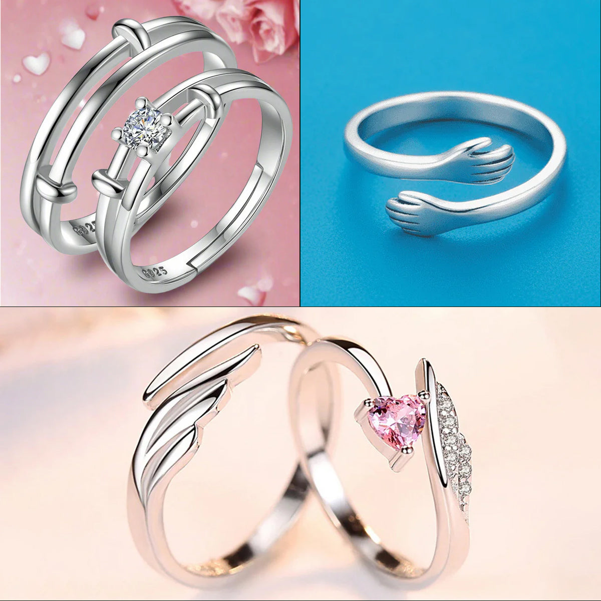 Jazz And Sizzle Silver Plated AD Studded Adjustable Couple Ring COMBO