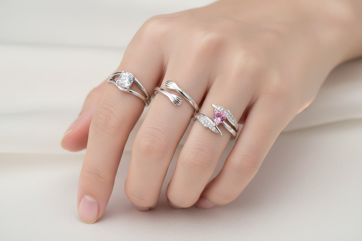 Jazz And Sizzle Silver Plated AD Studded Adjustable Couple Ring COMBO