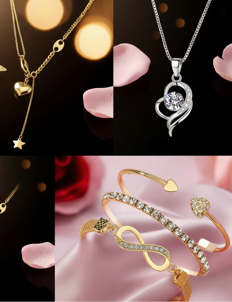 Infinity & Heart Shaped Stacking Bracelet, Gold Plated Heart Shaped Pendent Chain and Sterling heart-shaped zircon pendant necklace Combo