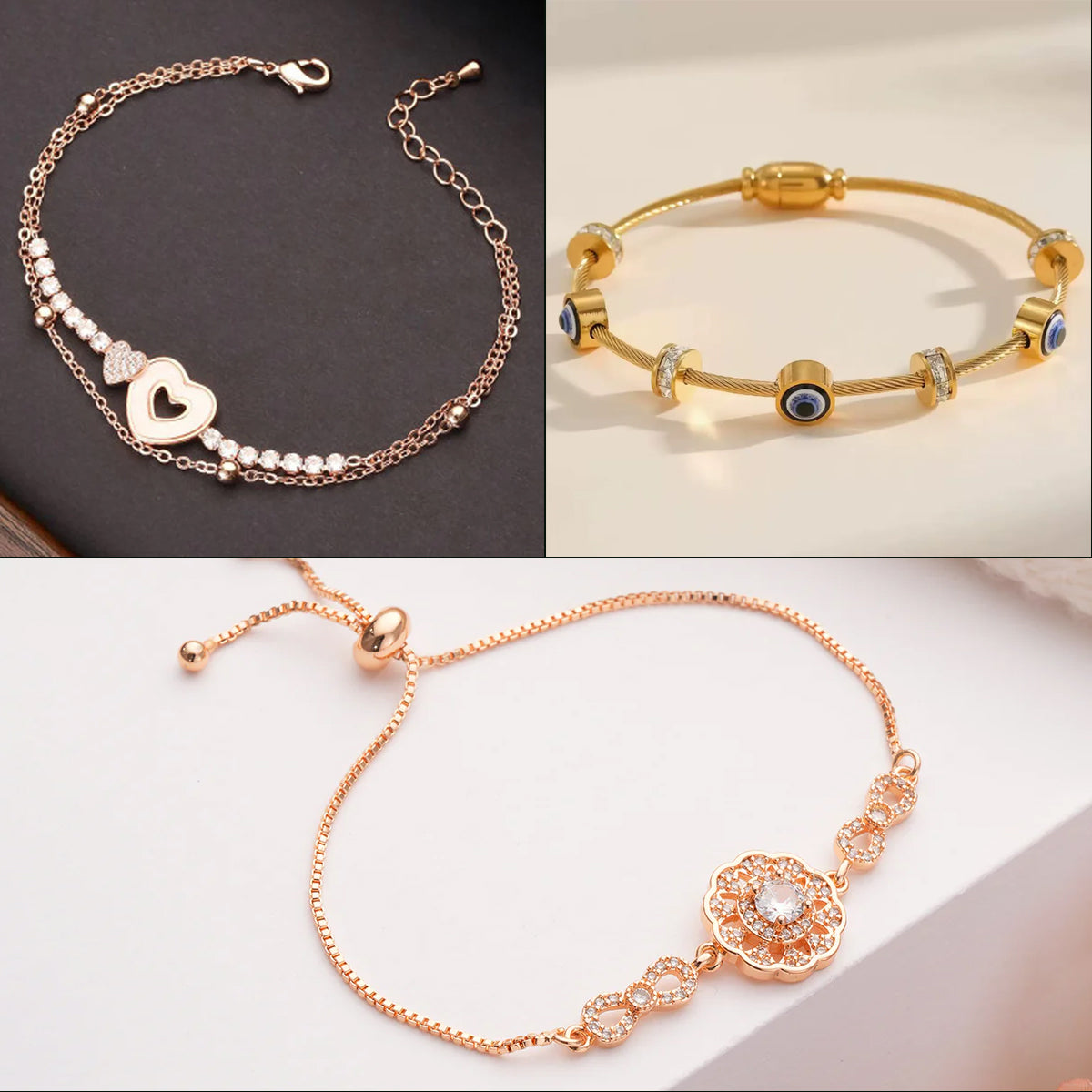 Jazz And Sizzle Set Of 3 Zircon & Stone Studded Crystal Combo Bracelet for Women(gold & Rose gold Plated)