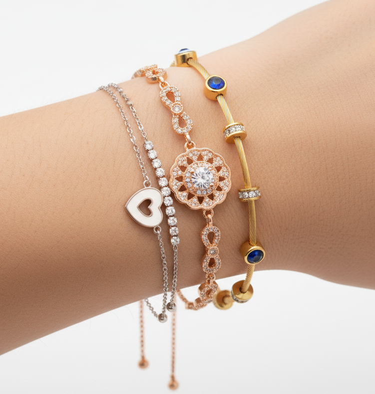 Jazz And Sizzle Set Of 3 Zircon & Stone Studded Crystal Combo Bracelet for Women(gold & Rose gold Plated)