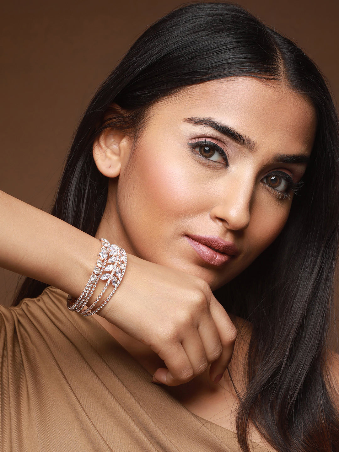 Jazz And Sizzle Set Of 2 Rose Gold-Plated White Crystal Studded Bangle Style Cuff Bracelet - Jazzandsizzle