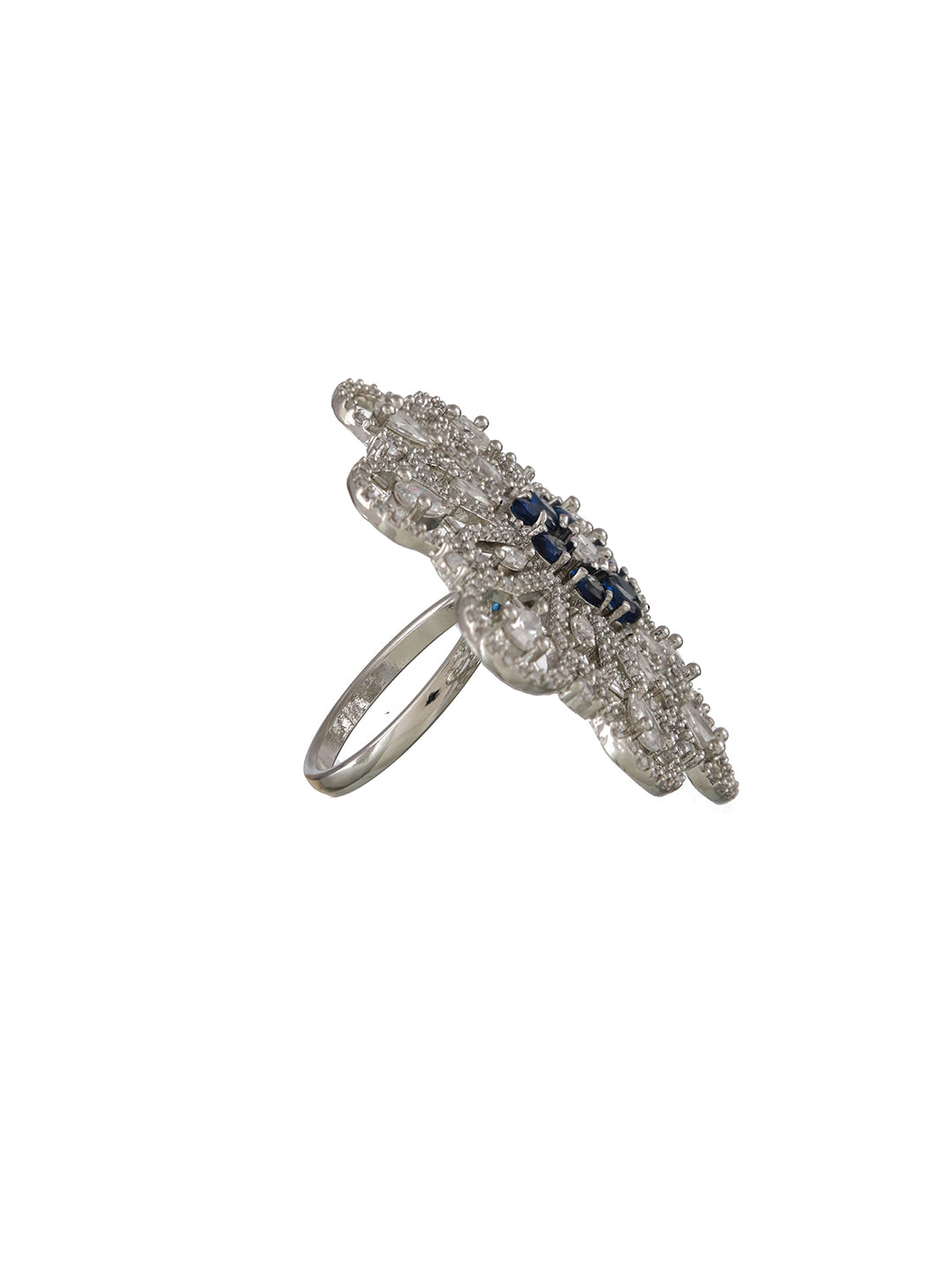 Silver-Plated Blue & White AD Studded Adjustable Cocktail Finger Ring - Jazzandsizzle