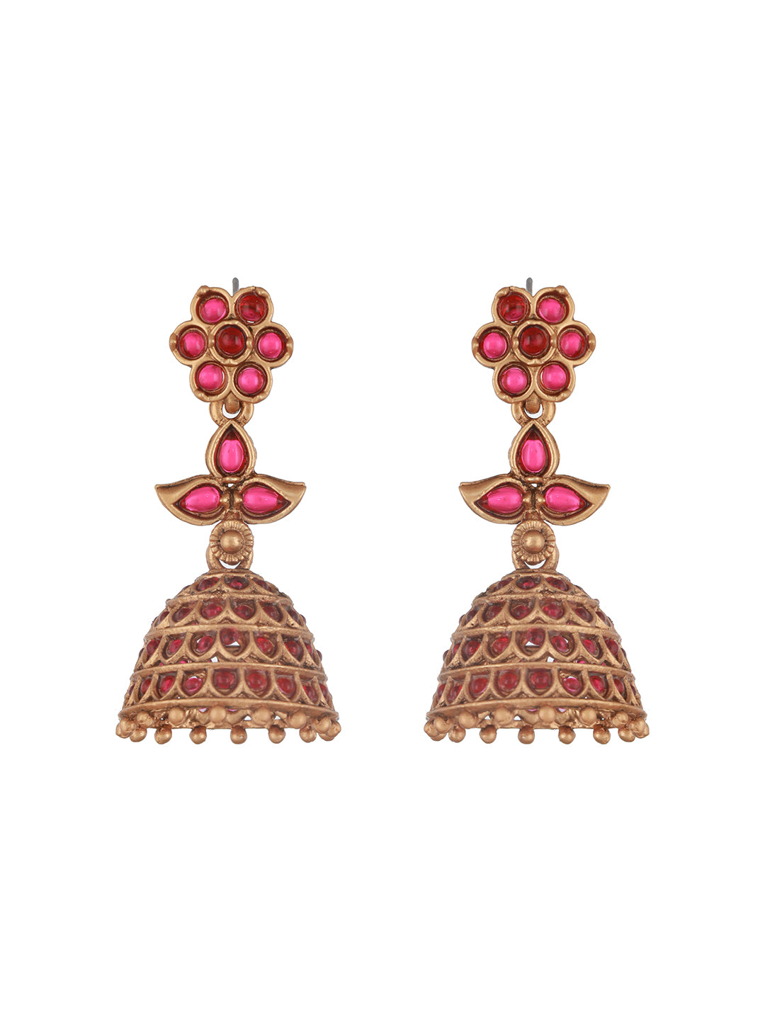 Jazz And Sizzle Gold-Plated Faux Ruby Studded Beads Beaded Floral Shaped Jhumka Earrings
