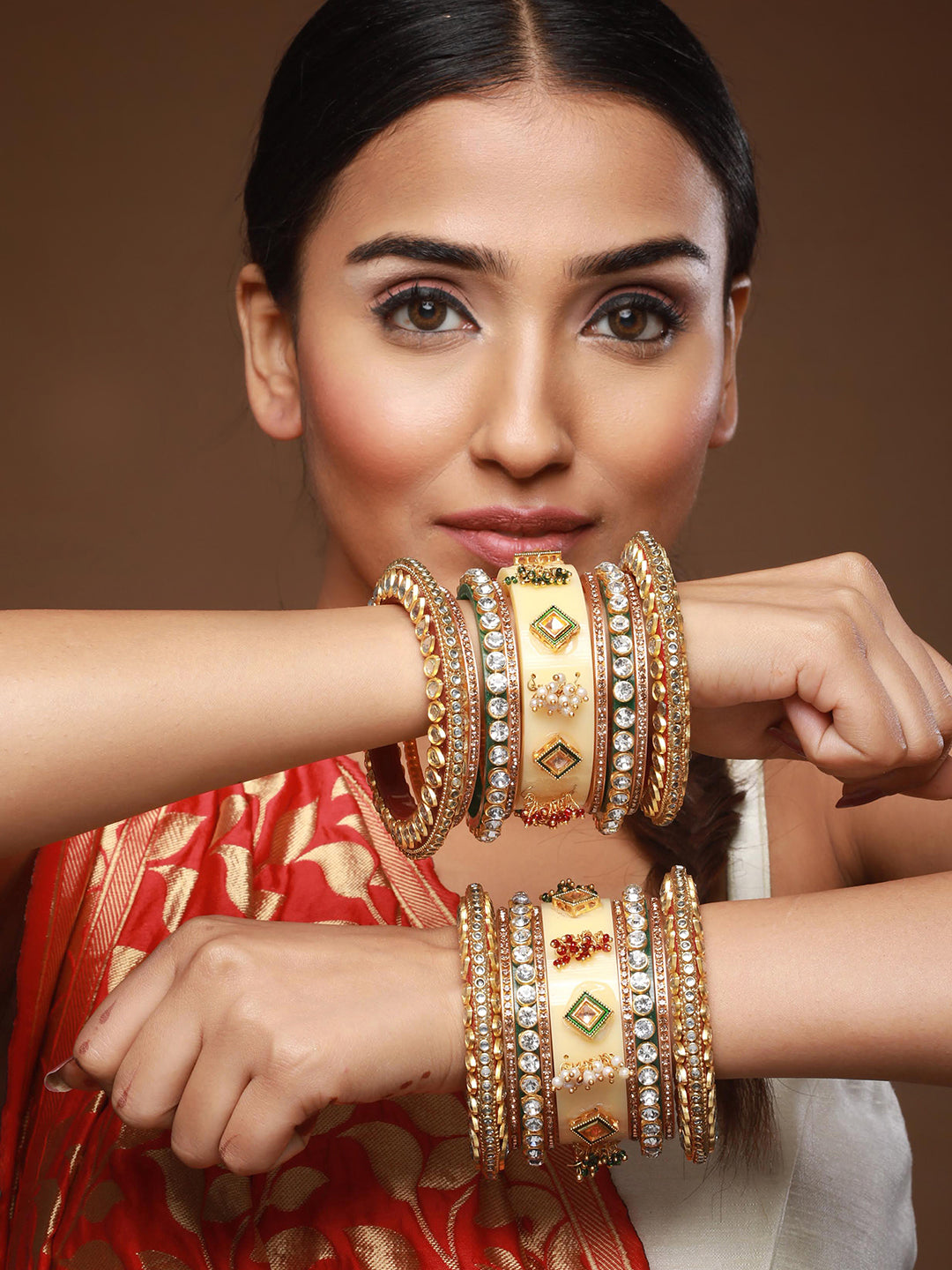Set Of 18 Gold Plated Stones & Beads-Studded Bangle Set - Jazzandsizzle