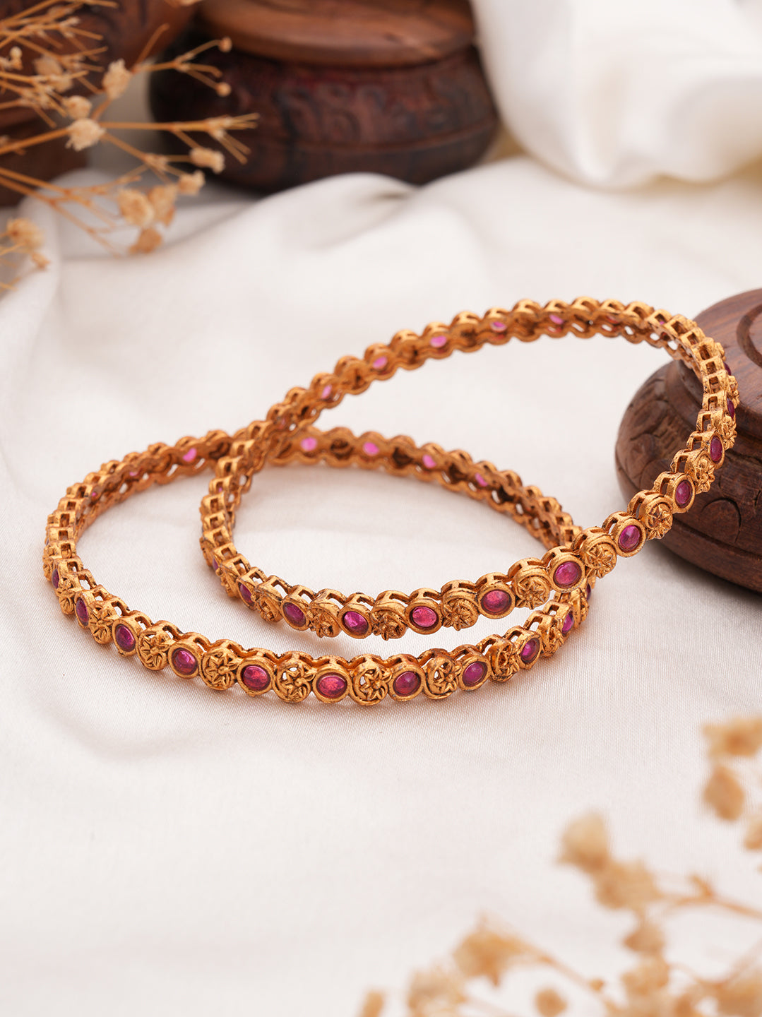Jazz And Sizzle Set Of 2 Gold-Plated Red Pearl Beaded Handcrafted Bangles