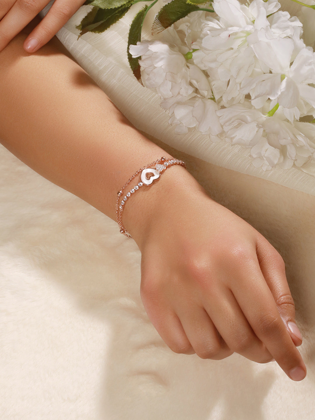 Brass Cubic Zirconia Rose Gold-Plated Link Bracelet