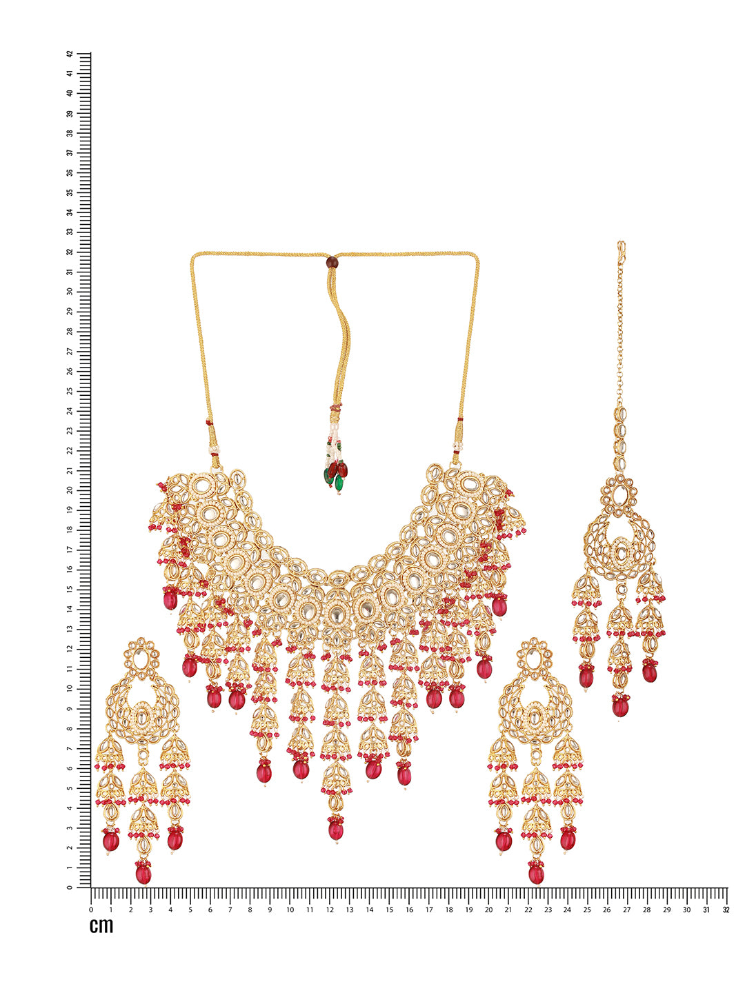 Jazz And Sizzle 18 k Gold-Plated Red & White Kundan Studded & Beaded Handcrafted Jewellery Set with Maangtikka