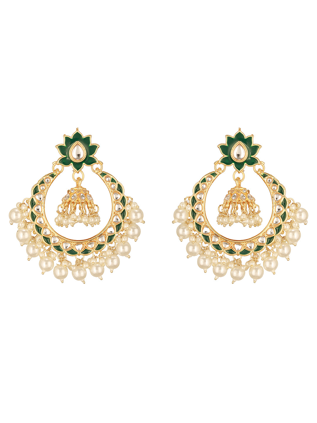 Jazz And Sizzle Green Kundan Studded Pearl Chandbali Earrings