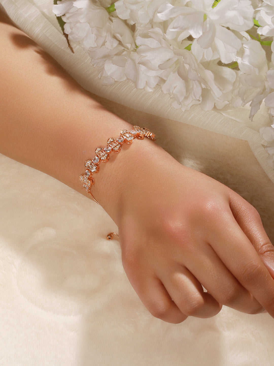 Brass Cubic Zirconia Rose Gold-Plated Link Bracelet