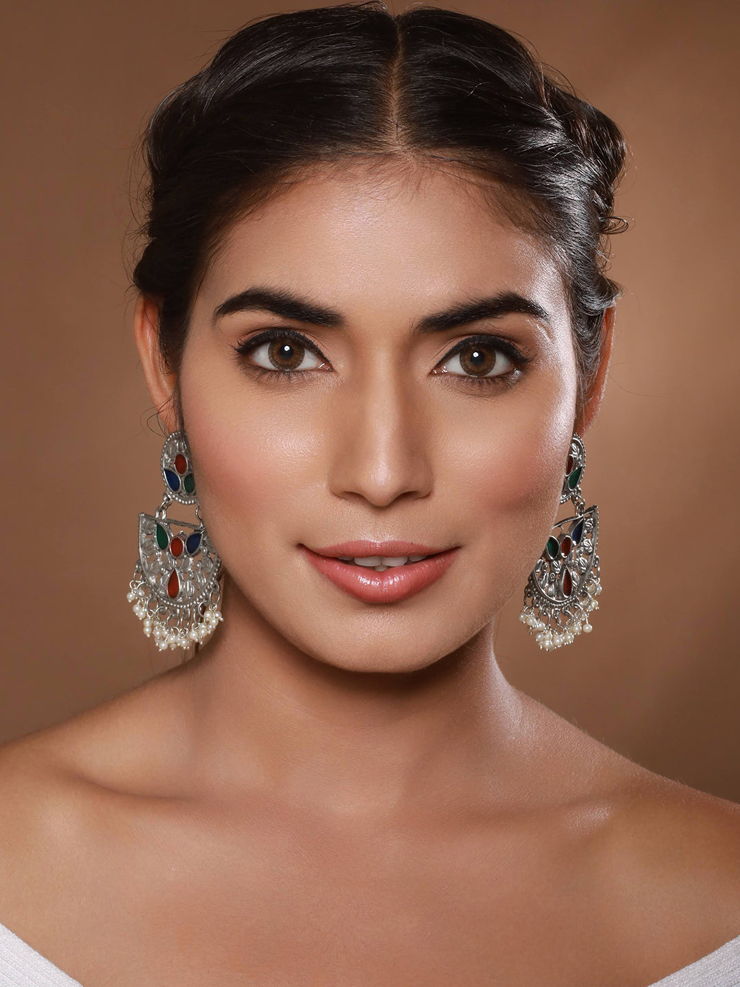 Jazz And Sizzle Silver-Plated Multicolored Enameled & Beaded Chandbali Earrings