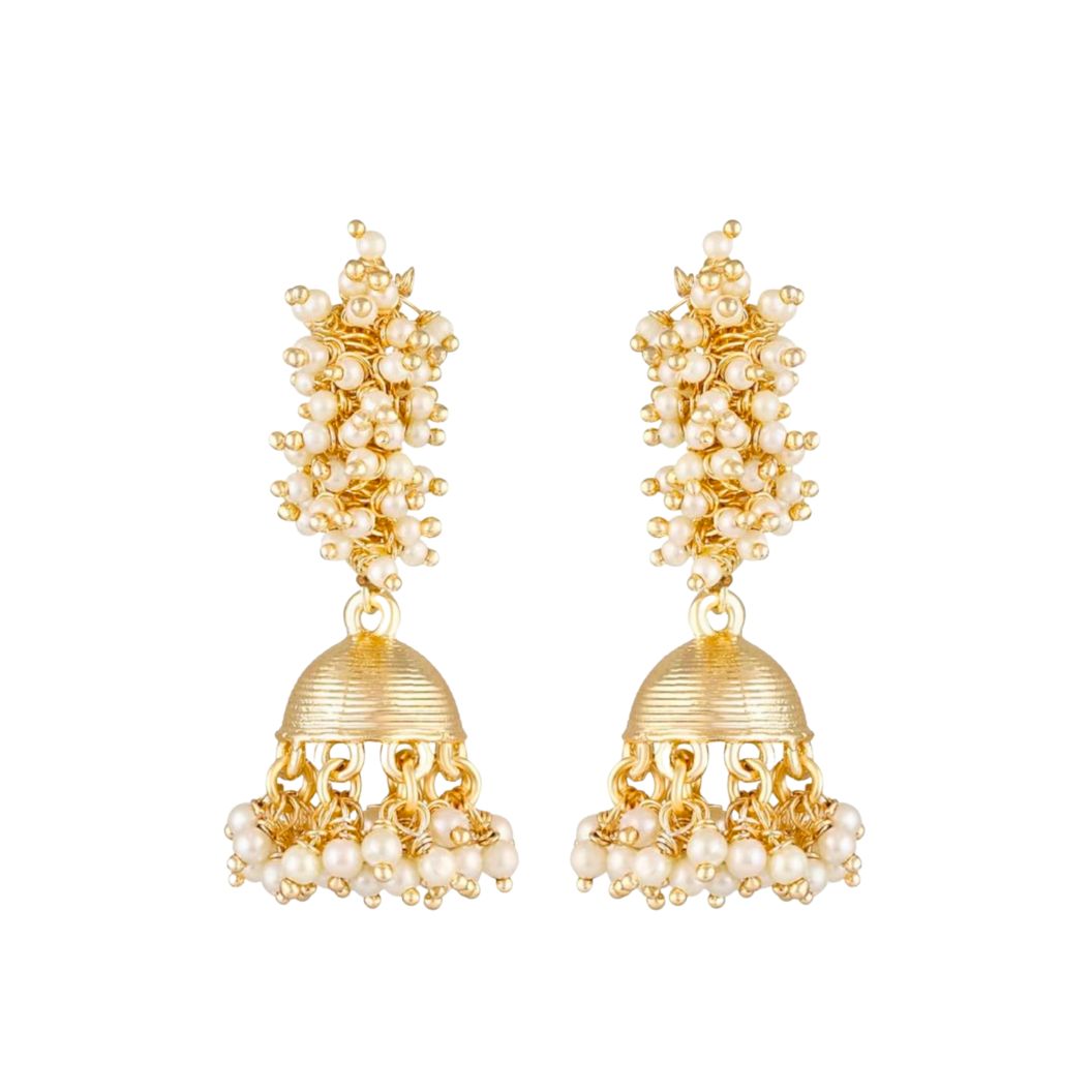 Jazz And Sizzle Gold Plated White Pearl Beaded Jhumka Drop Earrings