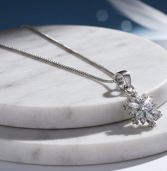 Jazz And Sizzle Silver Snowflake Pendant Chain Necklace