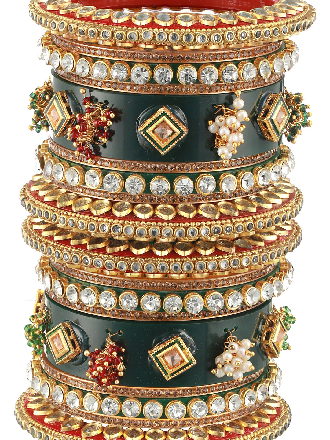 Set of 18 Gold-Plated Stone-Studded & Beaded Green Chuda Bangles - Jazzandsizzle
