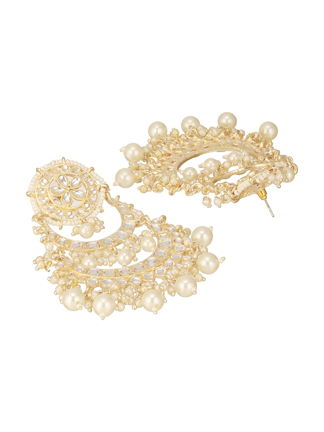 Gold-Plated Kundan Studded & Beaded Crescent Shaped Chandbalis Earrings