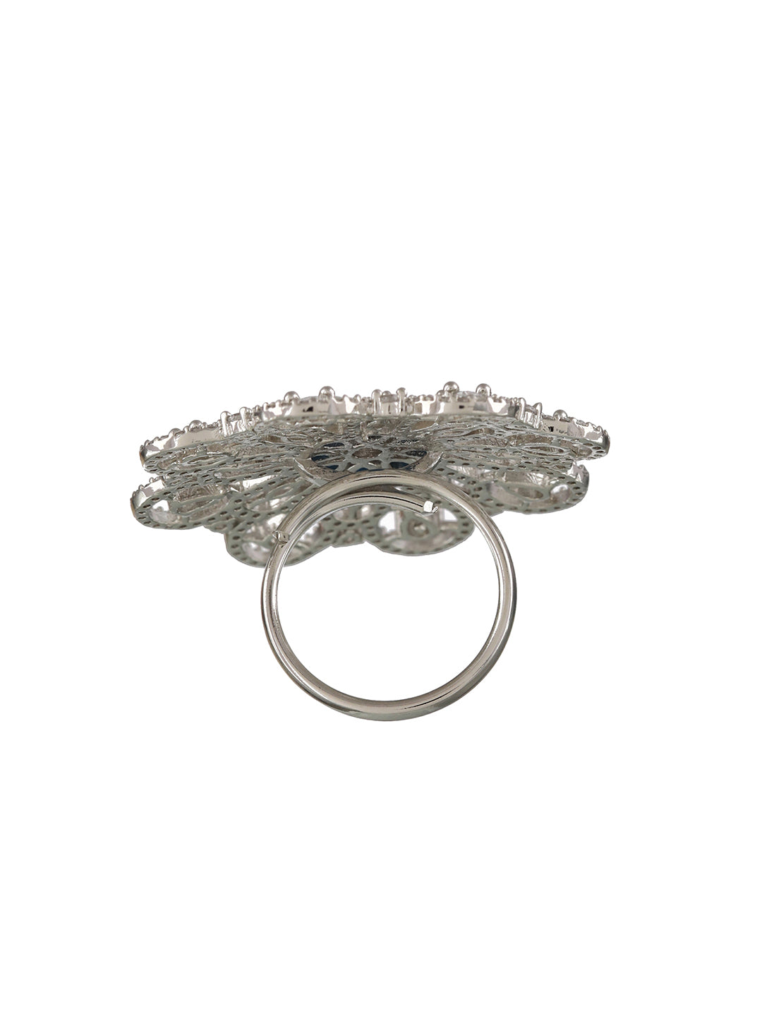 Silver-Plated Blue & White AD Studded Adjustable Cocktail Finger Ring - Jazzandsizzle