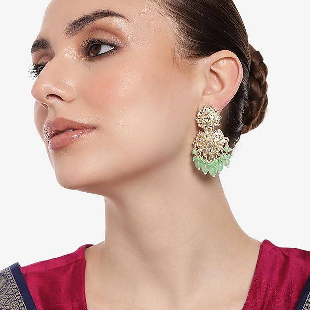 Gold Plated Kundan Studded & Mint Green Beads Drop Earrings