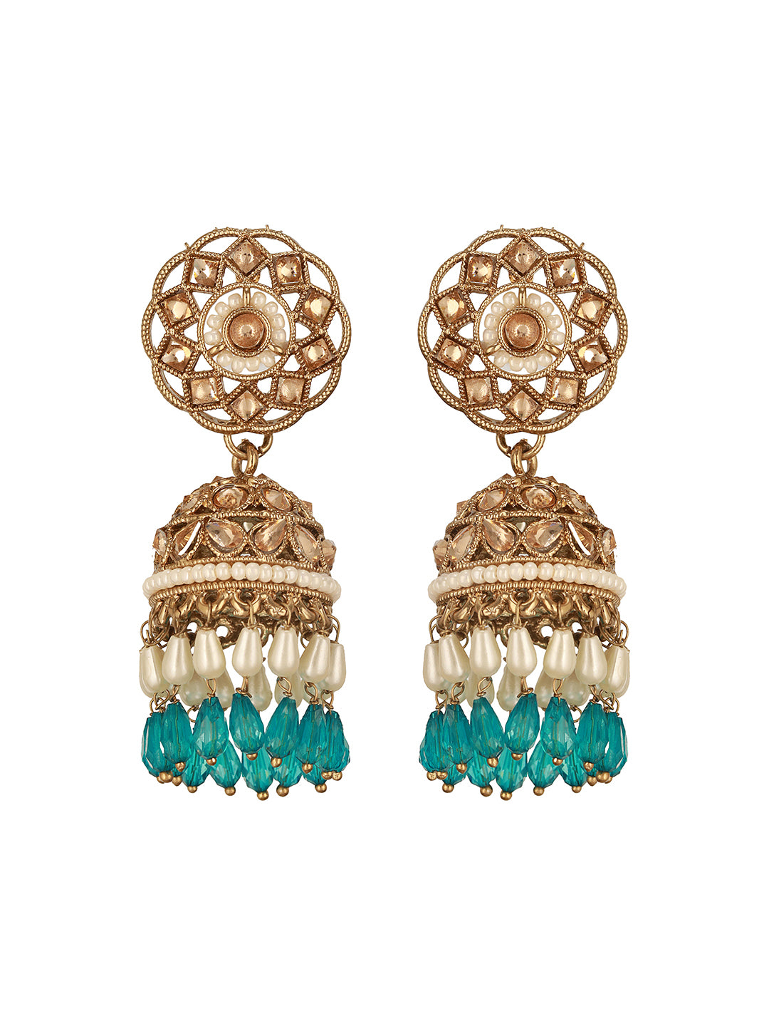 Mehandani Gold-Plated Kundan & Beads-Studded Dome-Shaped Jhumka Earrings