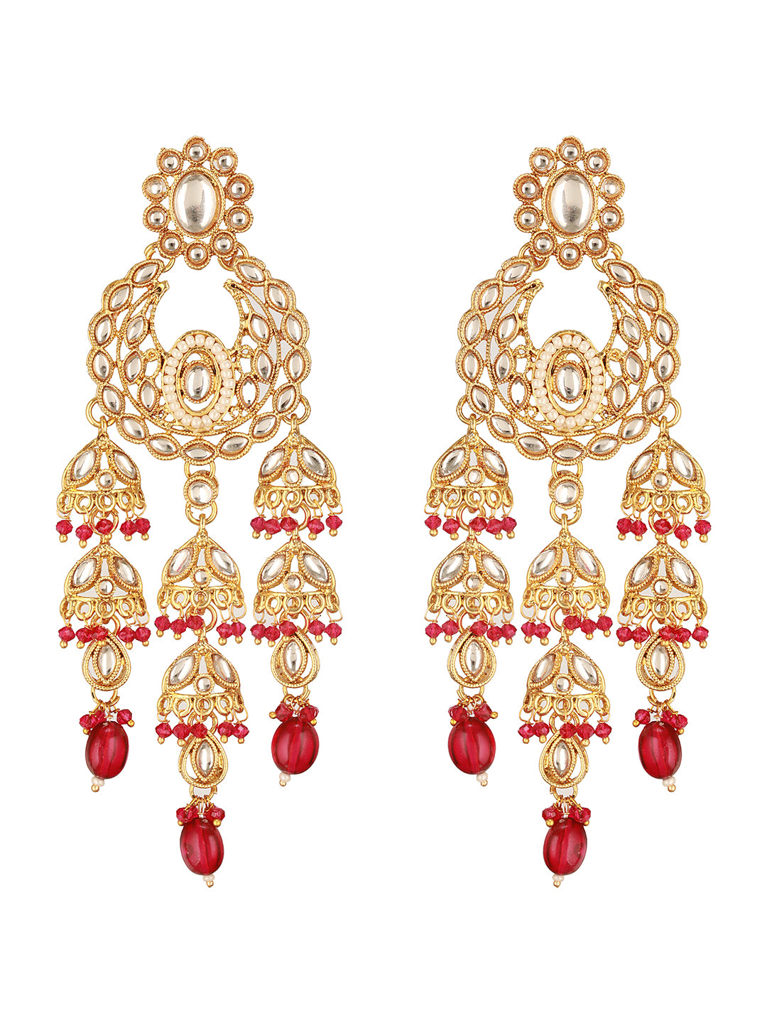 Jazz And Sizzle 18 k Gold-Plated Red & White Kundan Studded & Beaded Handcrafted Jewellery Set with Maangtikka