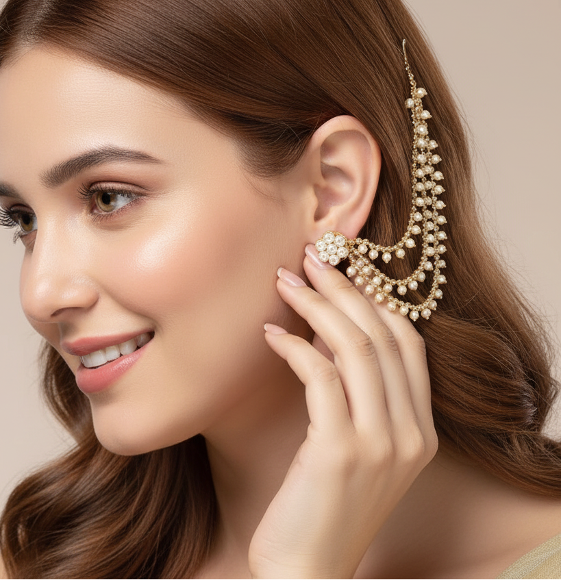 Jazz And Sizzle Gold-Plated Pearls Beaded Textured Layered Ear Chain/kaanchain