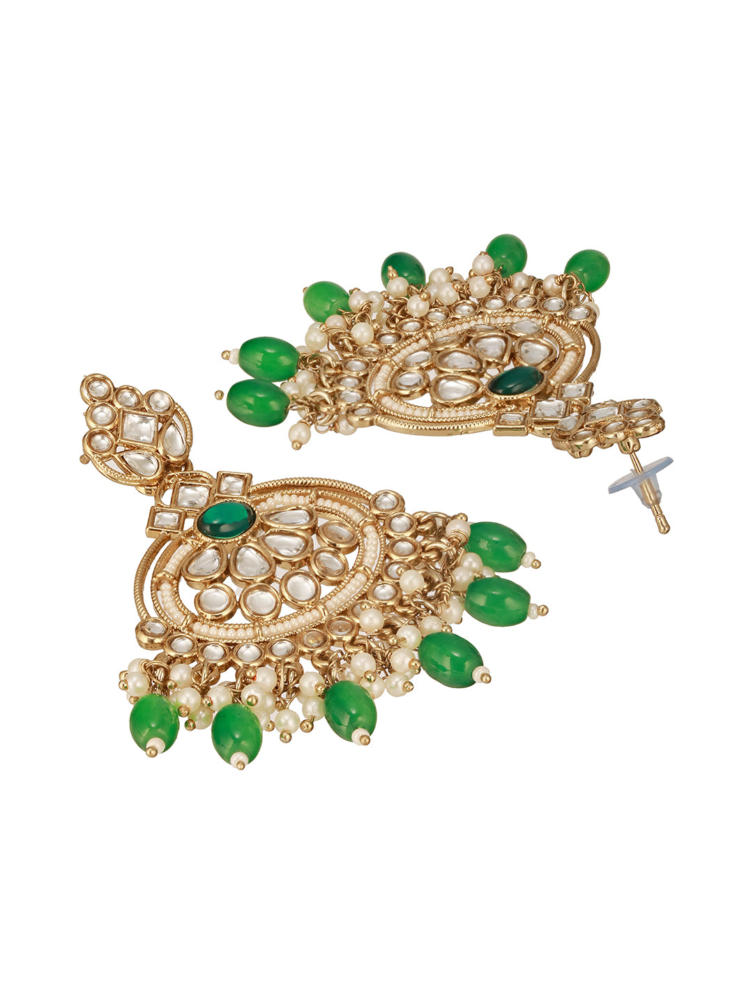 Jazz And Sizzle Green & White Kundan Studded Gold-Plated Classic Chandbalis Earrings
