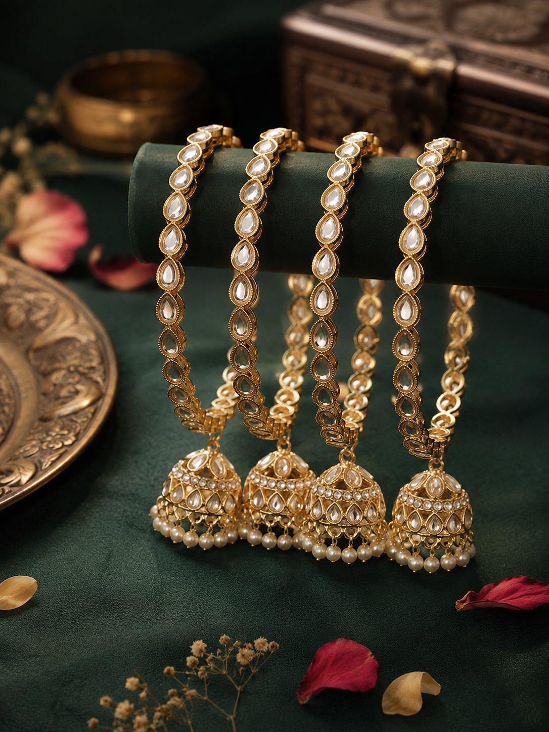 Set Of 4 Gold-Plated Kundan-Studded & Pearls-Beaded Bangles