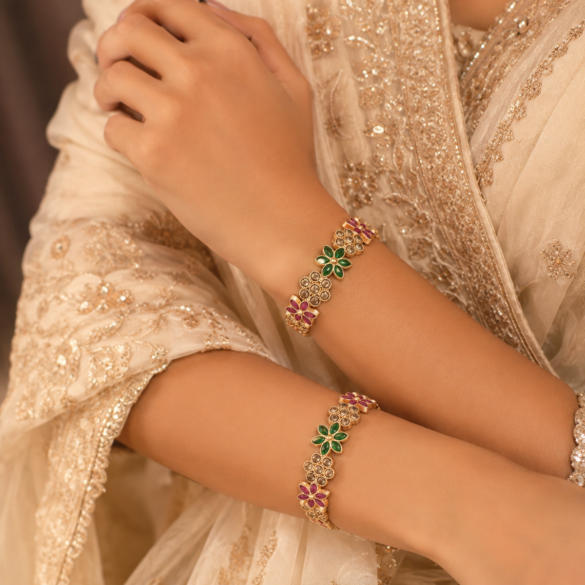 Set Of 2 Gold Plated Artificial Stone Studded & Pearl Beaded Bangles