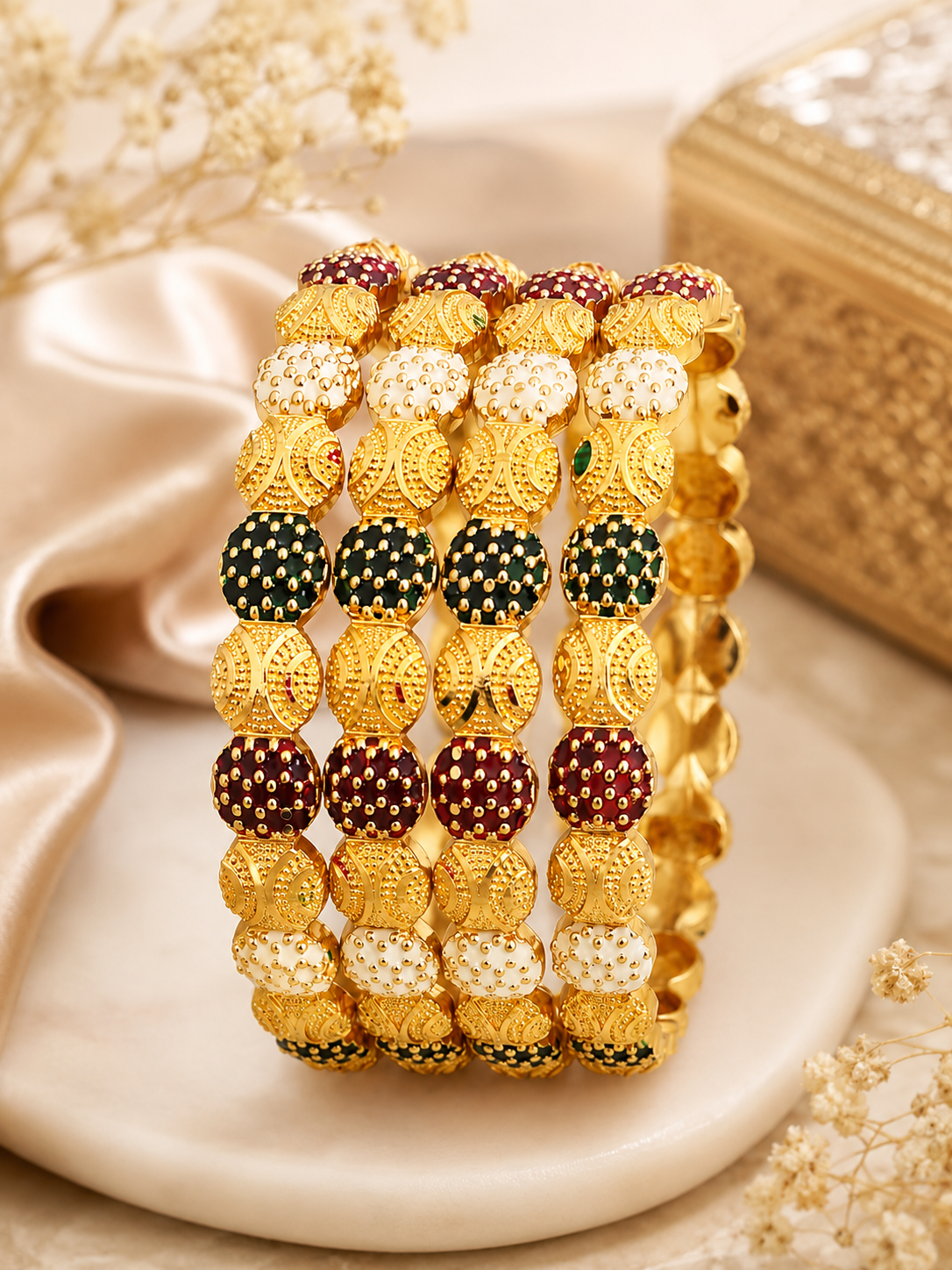 Gold-Plated Multicolor Meenakari Beaded Traditional Stretch Bangles Set for Women