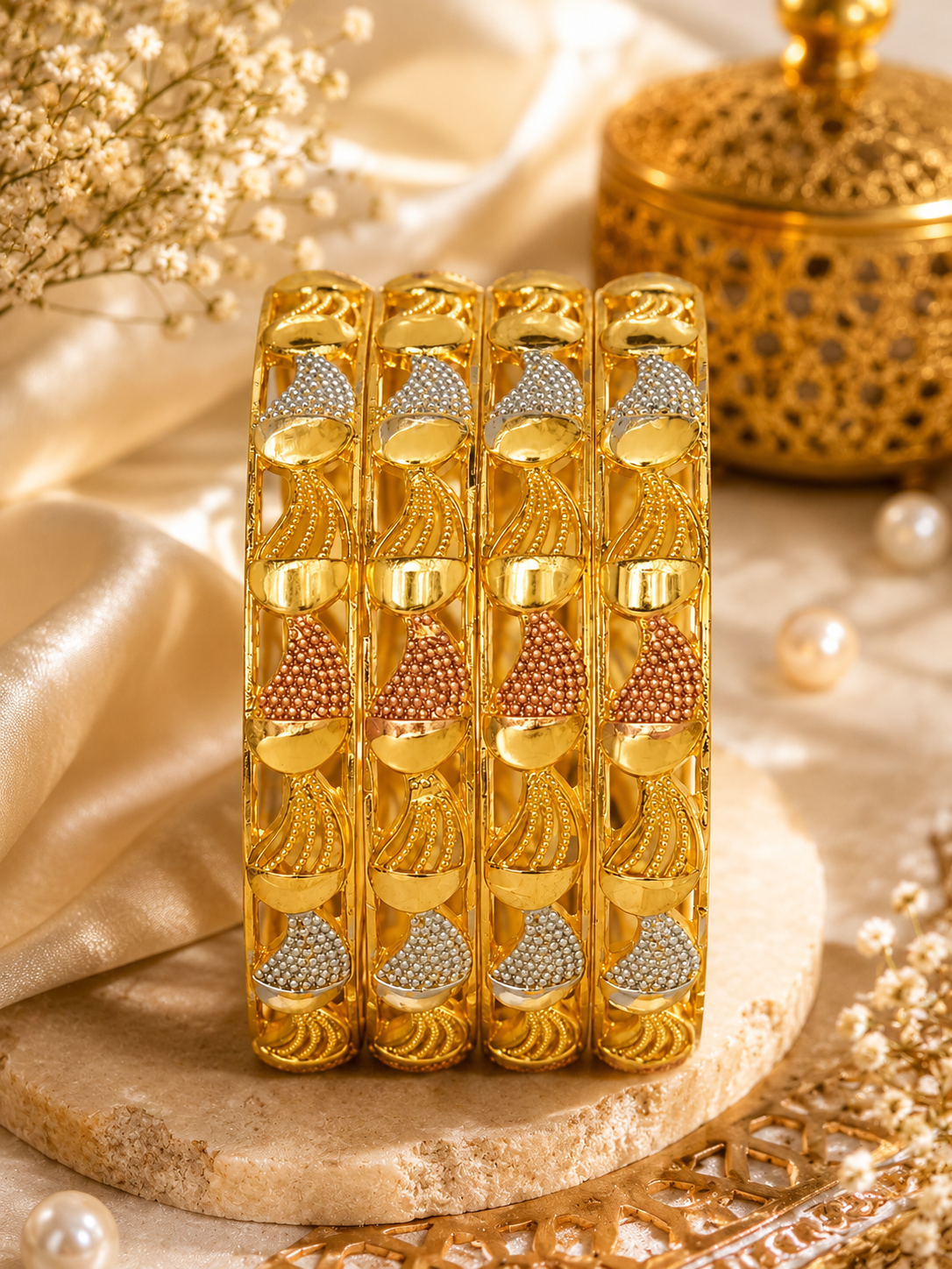 Gold-Plated Dual Tone Designer Bangles for Women | Silver & Rose Gold Textured Leaf Pattern Traditional Bangles Set | Ethnic & Festive Wear