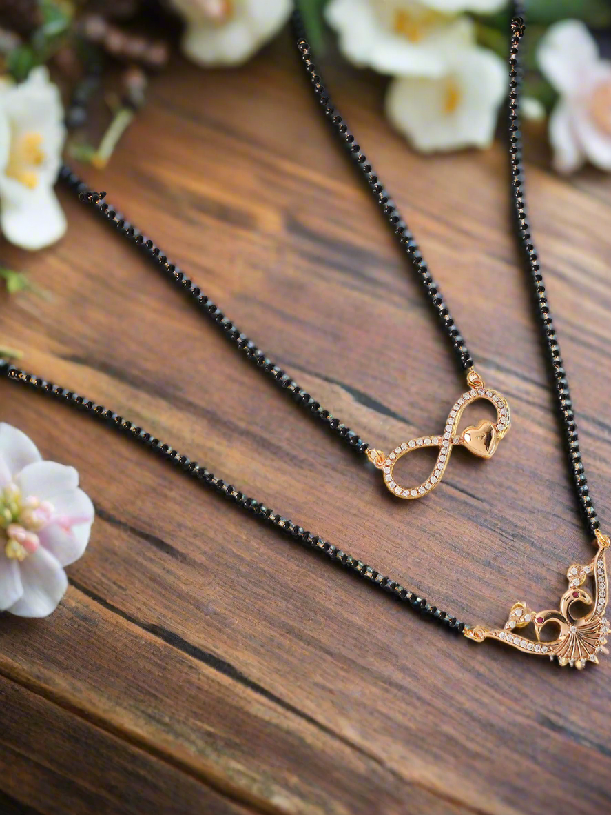 Set Of 2 White & Black Rose Gold Plated Ad-Studded & Beaded Mangalsutra