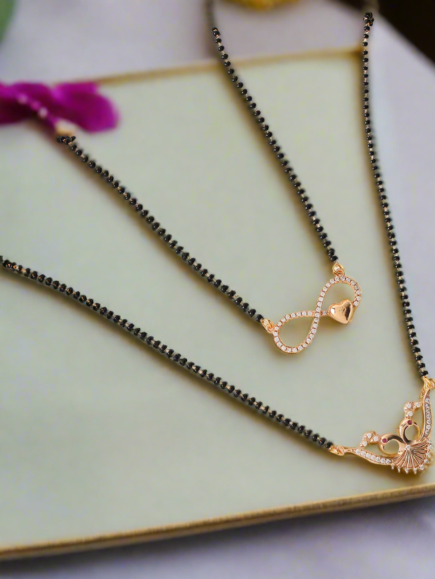 Set Of 2 White & Black Rose Gold Plated Ad-Studded & Beaded Mangalsutra