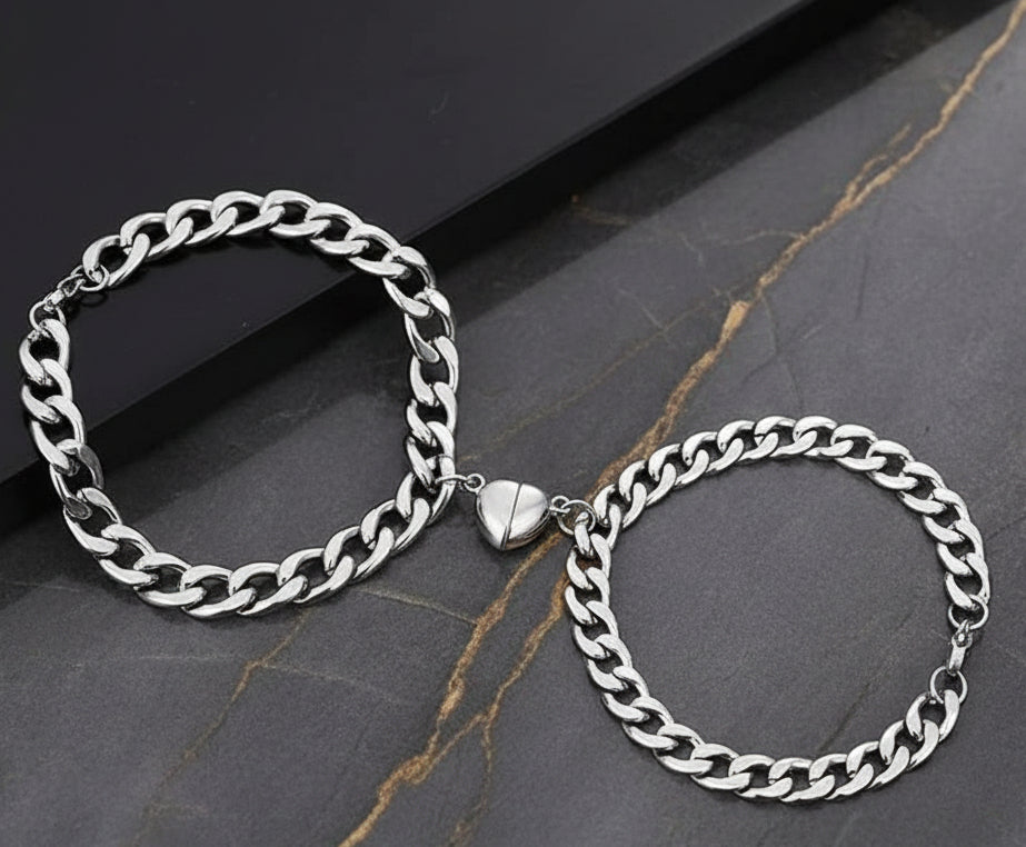 Jazz And Sizzle Silver-Tone Heart love Chain Bracelet Set Gift for Him & Her