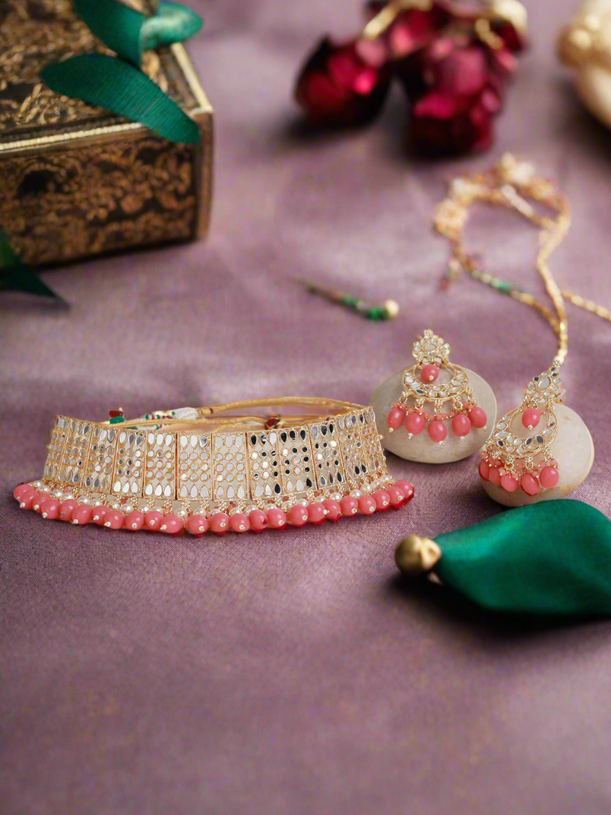 White Silver Plated Pink Beaded Choker Set