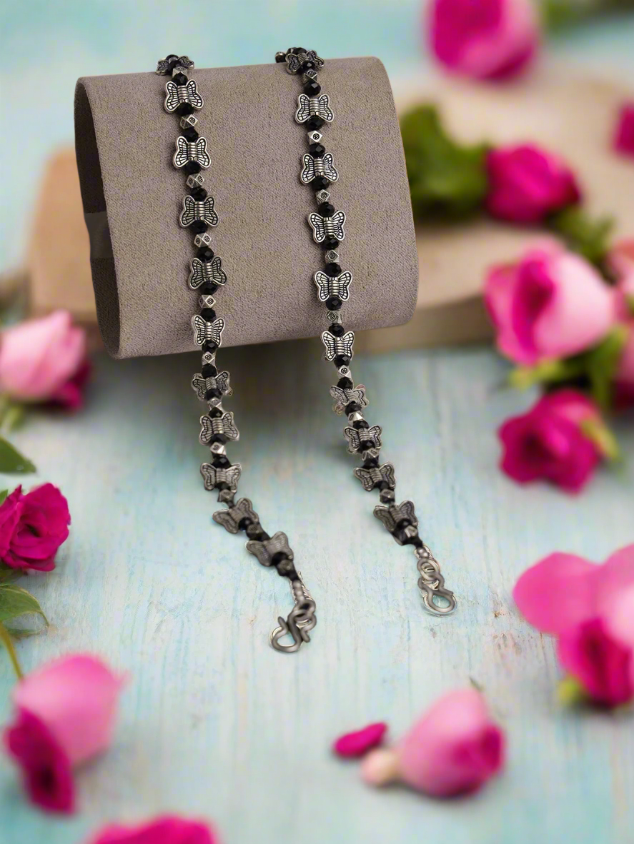 Jazz And Sizzle Set Of 2 Silver-Plated & Black Beaded Handcrafted Butterfly Anklet