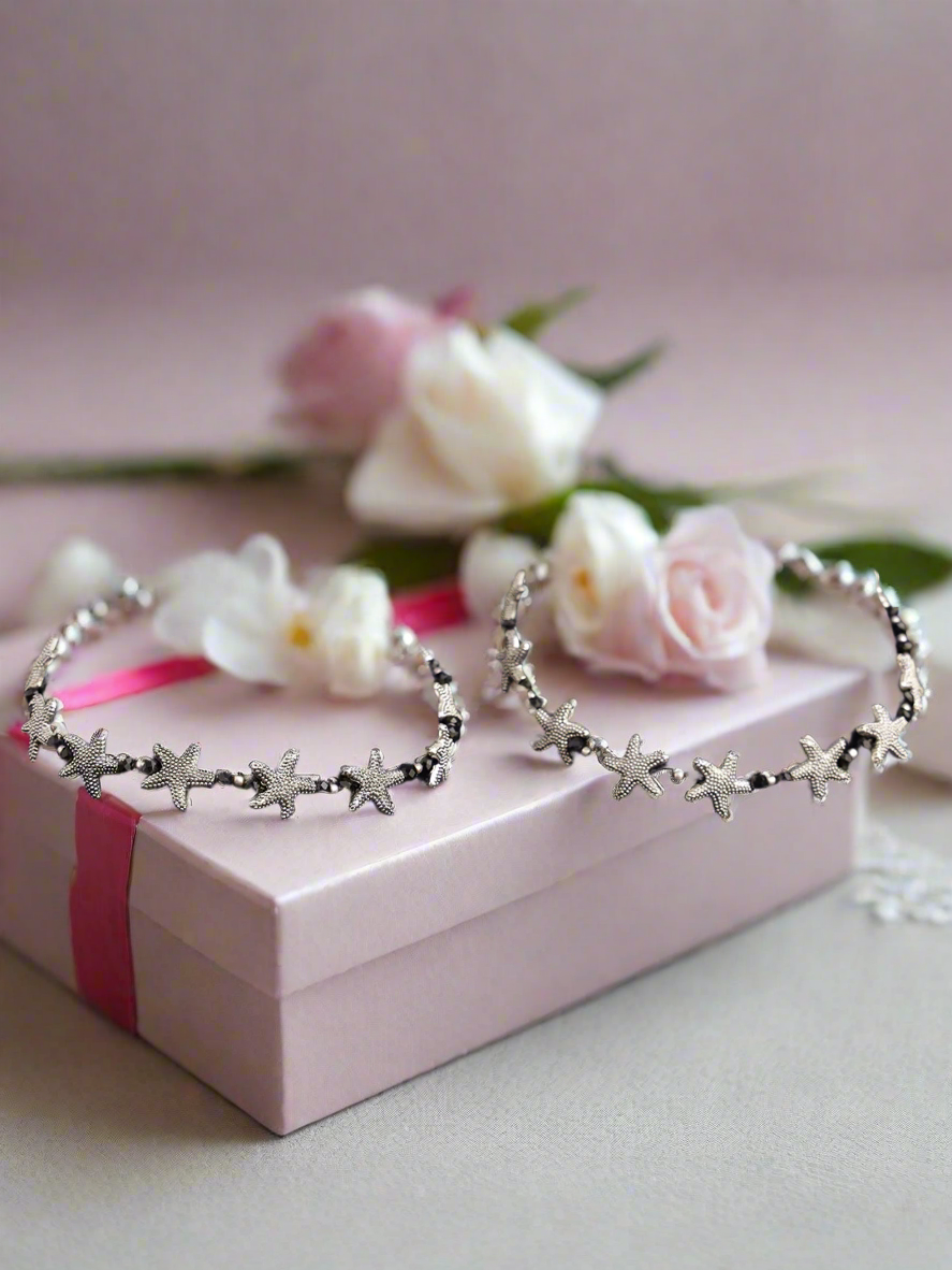 Silver-Plated & Black Beaded Handcrafted Starfish Anklet