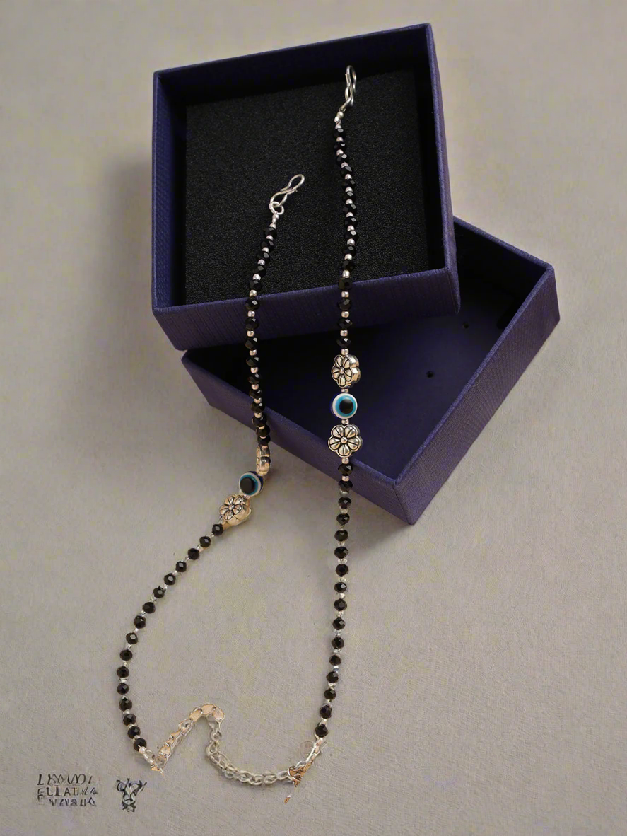 Jazz And Sizzle Set Of 2 Silver-Plated & Black Beaded Handcrafted Flower Anklet