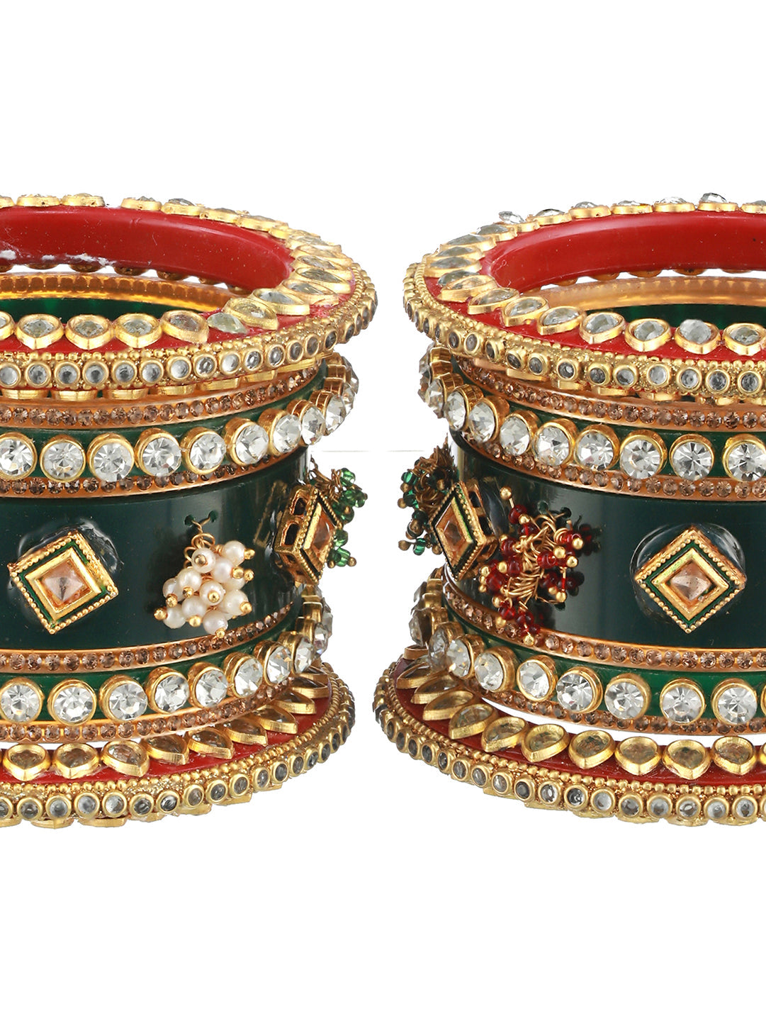 Set of 18 Gold-Plated Stone-Studded & Beaded Green Chuda Bangles - Jazzandsizzle