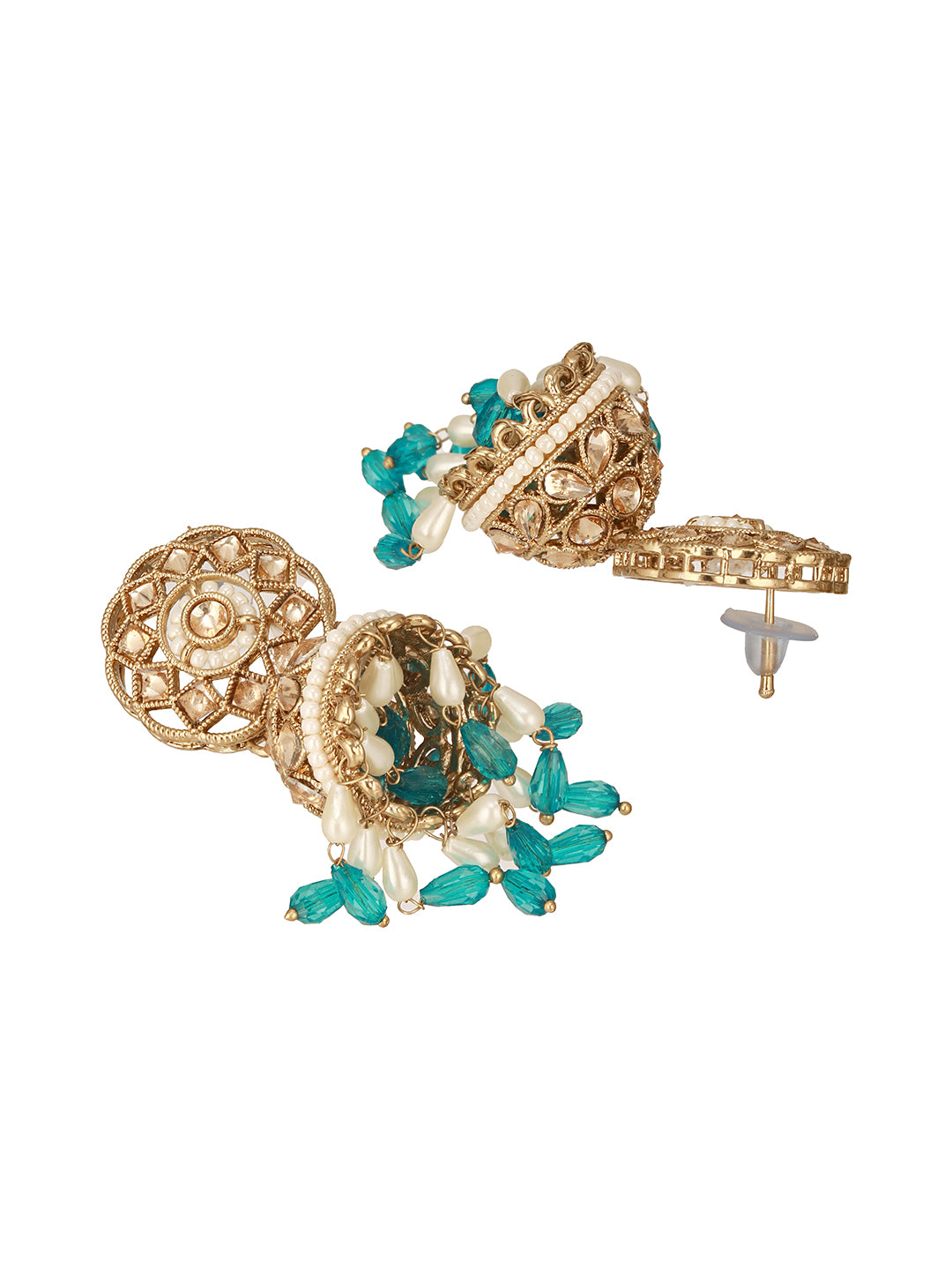 Mehandani Gold-Plated Kundan & Beads-Studded Dome-Shaped Jhumka Earrings