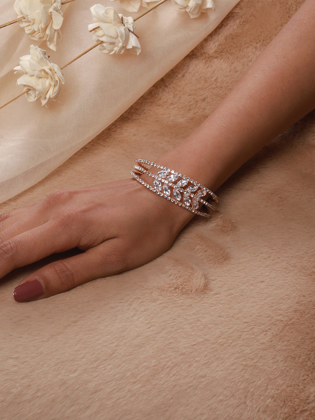 Jazz And Sizzle Set Of 2 Rose Gold-Plated White Crystal Studded Bangle Style Cuff Bracelet - Jazzandsizzle