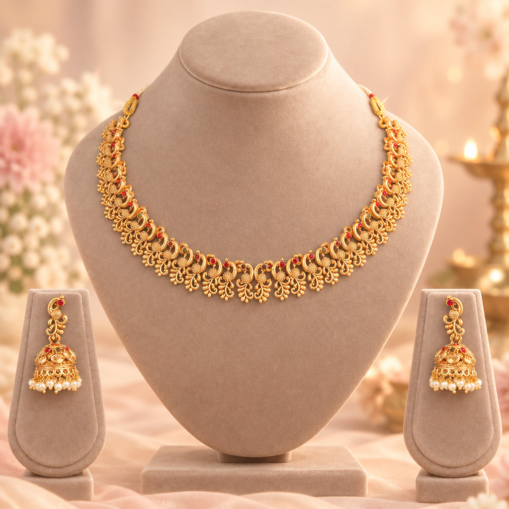 Gold-Plated Green & Red Stone-Studded Peacock Temple Choker Jewellery Set-NL-JS26-40578
