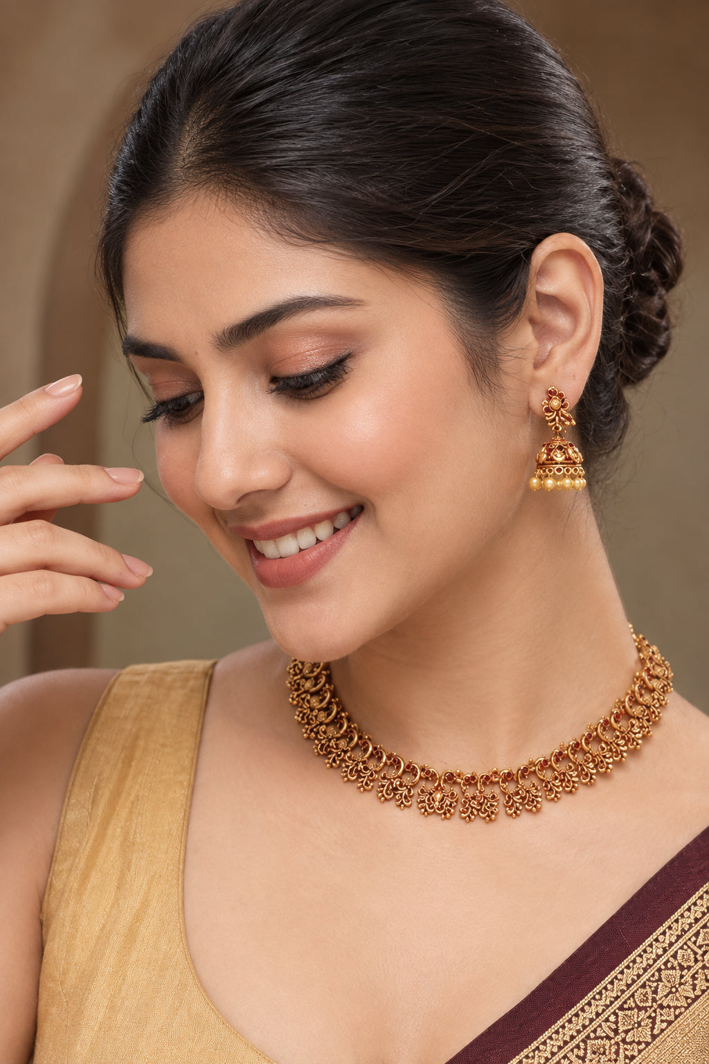 Gold-Plated Green & Red Stone-Studded Peacock Temple Choker Jewellery Set-NL-JS26-40578
