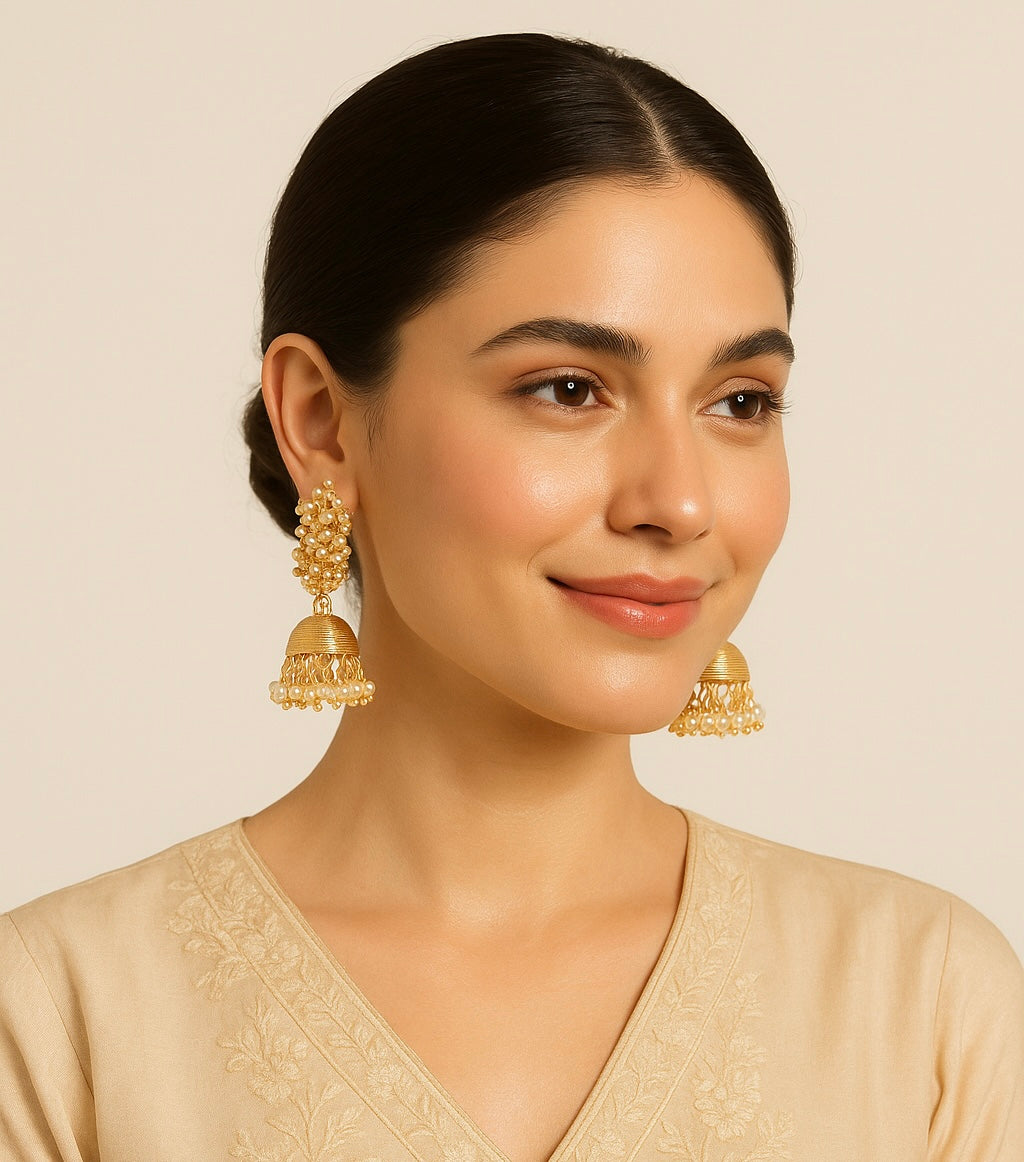 Jazz And Sizzle Gold Plated White Pearl Beaded Jhumka Drop Earrings
