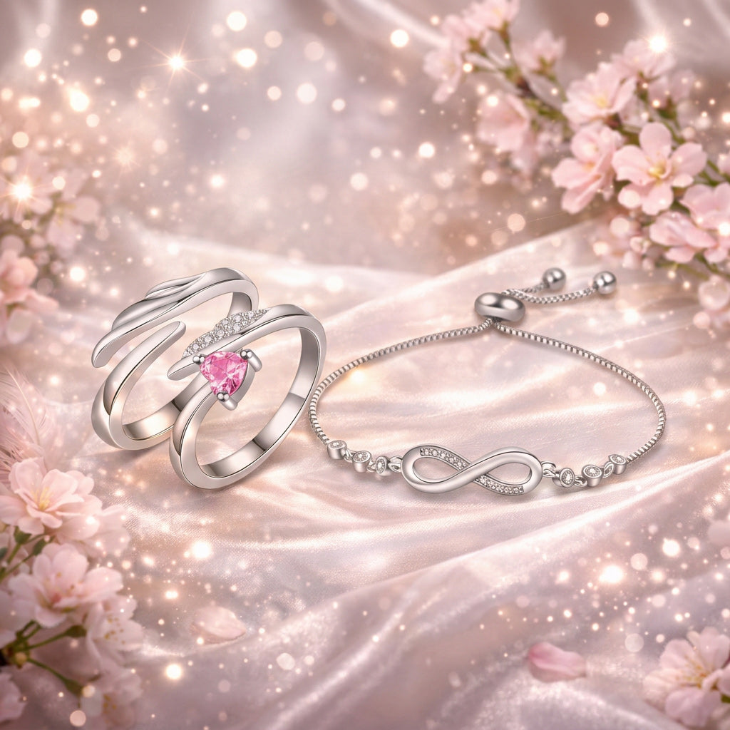 Silver Infinity Bracelet & Pink Heart Ring Combo Set for Women